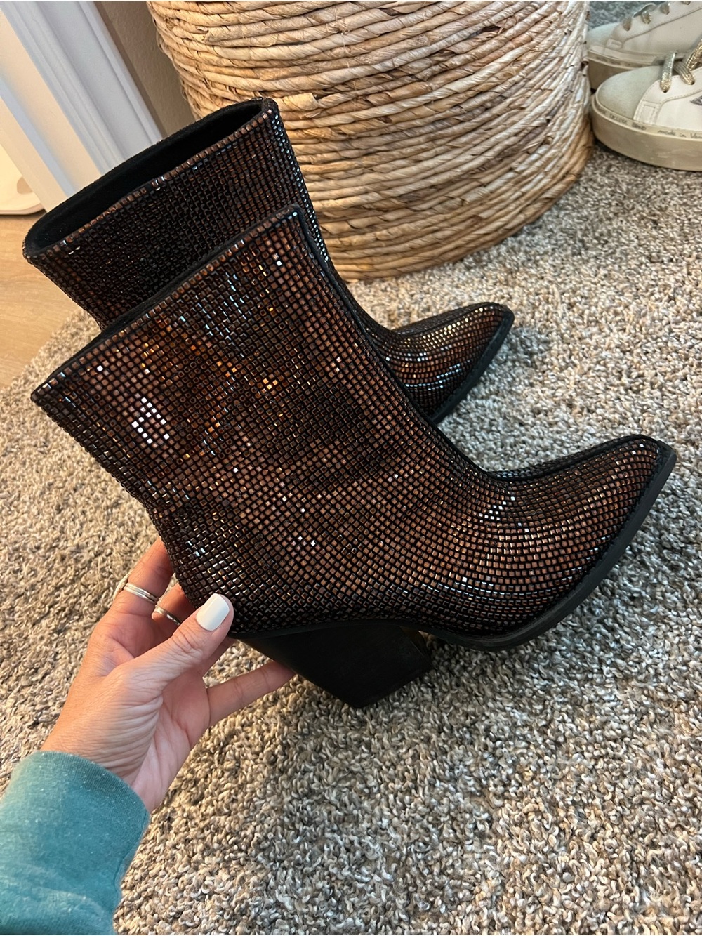 BEAST FASHION Brown Rhinestone Mid-Calf Ankle Boots